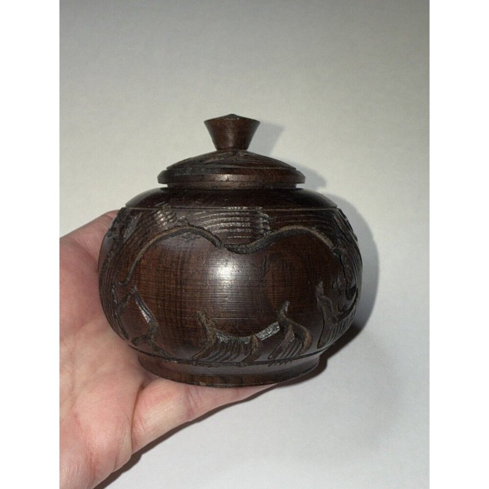 Hand Carved Wood Round Trinket Box w/ Lid African Elephants Rhino Small Stash